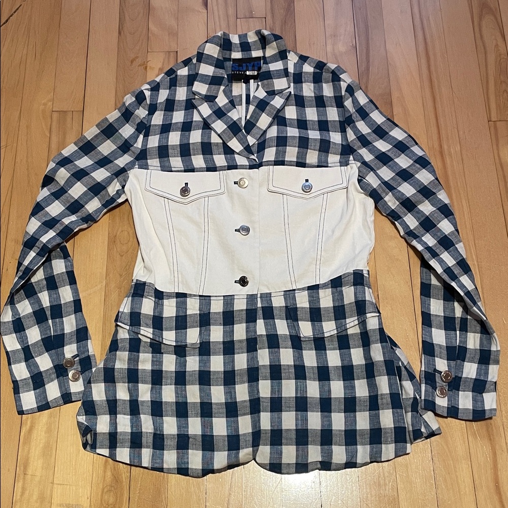 SJYP Blue and White Checkered Blazer with Jean Corset